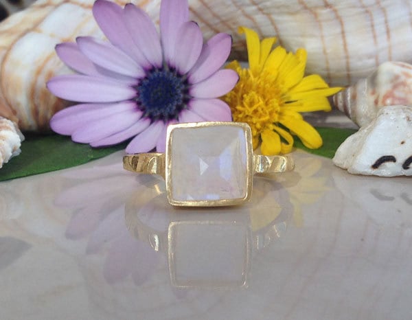 Rainbow Moonstone Ring - June Birthstone - Simple Ring with Square Rainbow Moonstone - H.L.Jewelry