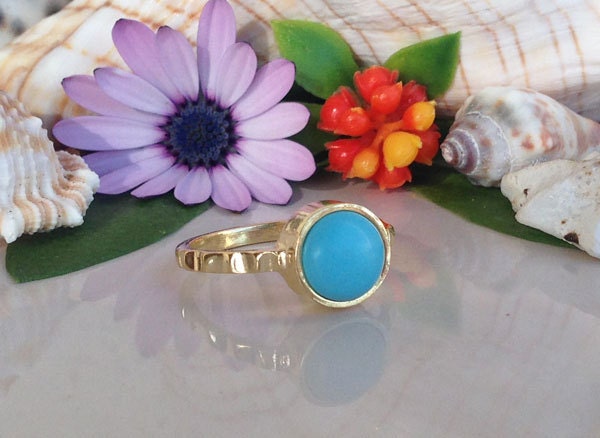 Blue Turquoise Ring - December Birthstone - Simple Ring with Round Blue Turquoise Gemstone - H.L.Jewelry