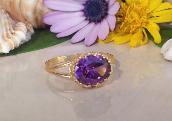 Purple Amethyst Ring - February Birthstone - Double Band Vintage Oval Crown Ring with Purple Amethyst Gemstone - H.L.Jewelry