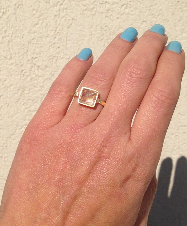 Rutilated Quartz Ring - Hammered Ring - Square Ring - Gold Ring - Golden Gem Ring - Simple Ring - H.L.Jewelry