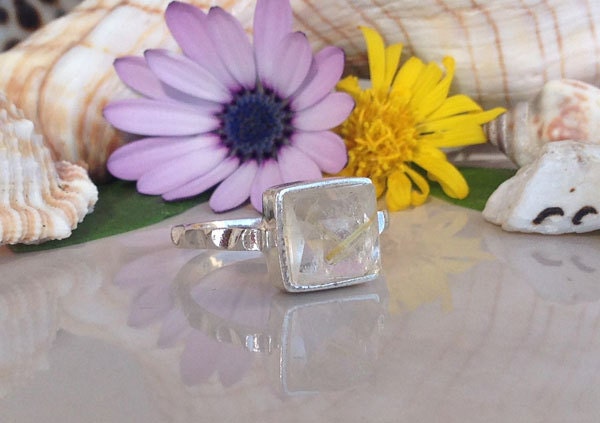 Rutilated Quartz Ring - Hammered Ring - Square Ring - Gold Ring - Golden Gem Ring - Simple Ring - H.L.Jewelry