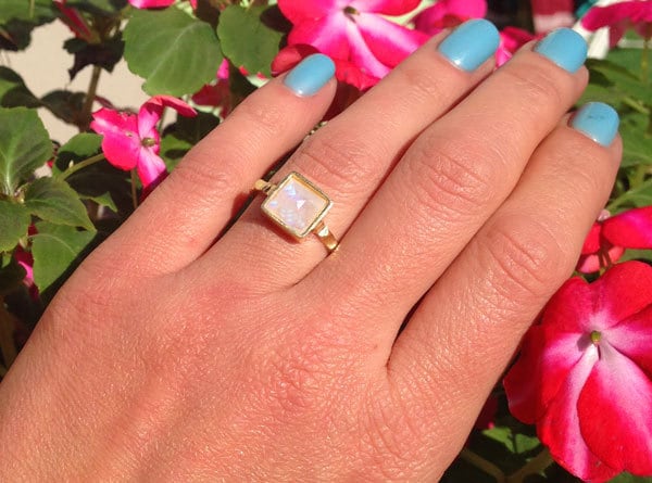 Rainbow Moonstone Ring - June Birthstone - Simple Ring with Square Rainbow Moonstone - H.L.Jewelry