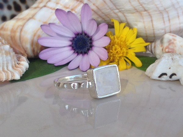 Rainbow Moonstone Ring - June Birthstone - Simple Ring with Square Rainbow Moonstone - H.L.Jewelry