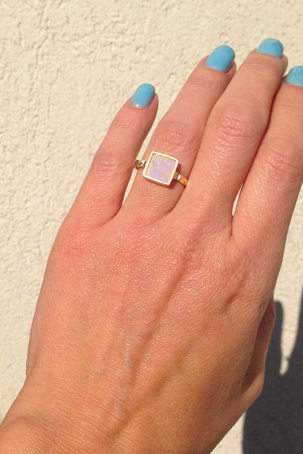 Rainbow Moonstone Ring - June Birthstone - Simple Ring with Square Rainbow Moonstone - H.L.Jewelry