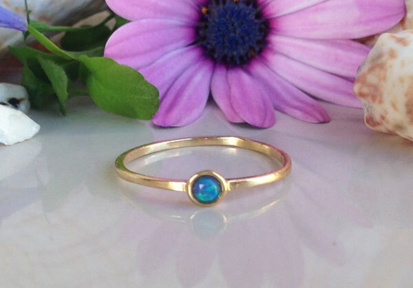 Blue Opal Ring - October Birthstone Ring - Delicate Simple Ring with Round Blue Opal Gemstone - H.L.Jewelry