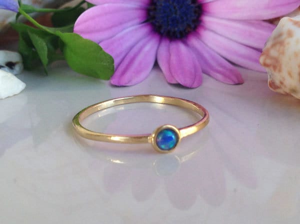 Blue Opal Ring - October Birthstone Ring - Delicate Simple Ring with Round Blue Opal Gemstone - H.L.Jewelry