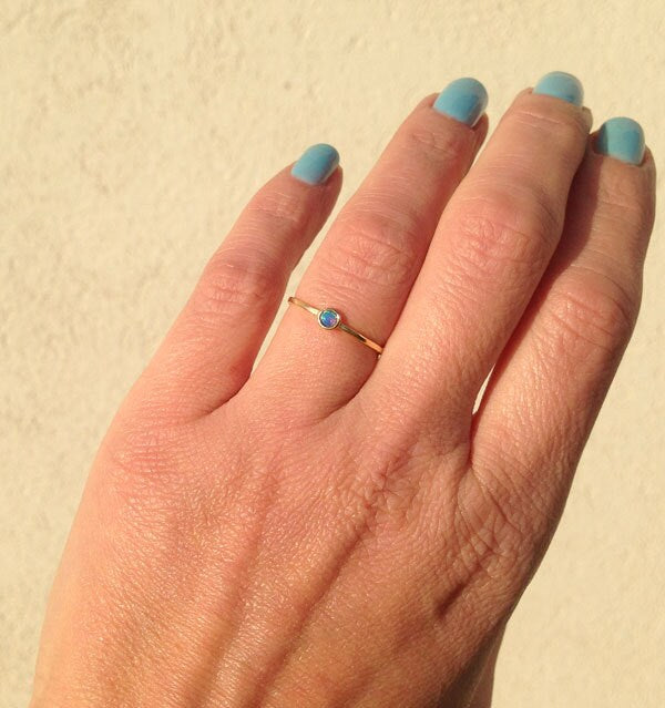 Blue Opal Ring - October Birthstone Ring - Delicate Simple Ring with Round Blue Opal Gemstone - H.L.Jewelry