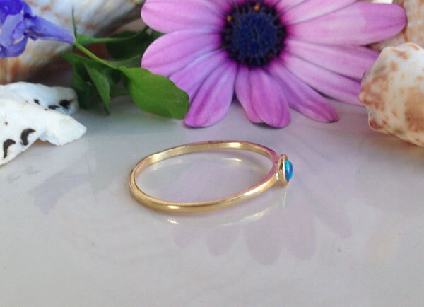 Blue Opal Ring - October Birthstone Ring - Delicate Simple Ring with Round Blue Opal Gemstone - H.L.Jewelry