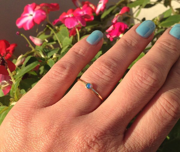 Blue Opal Ring - October Birthstone Ring - Delicate Simple Ring with Round Blue Opal Gemstone - H.L.Jewelry