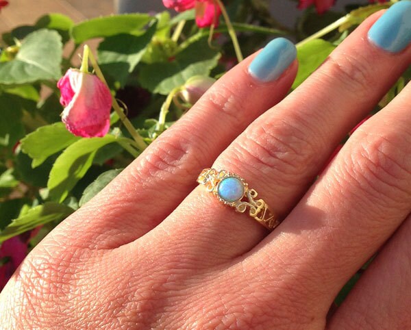 Blue Opal Ring - October Birthstone -  Lace Ring with Round Blue Opal Gemstone - H.L.Jewelry