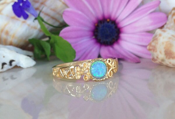 Blue Opal Ring - October Birthstone -  Lace Ring with Round Blue Opal Gemstone - H.L.Jewelry