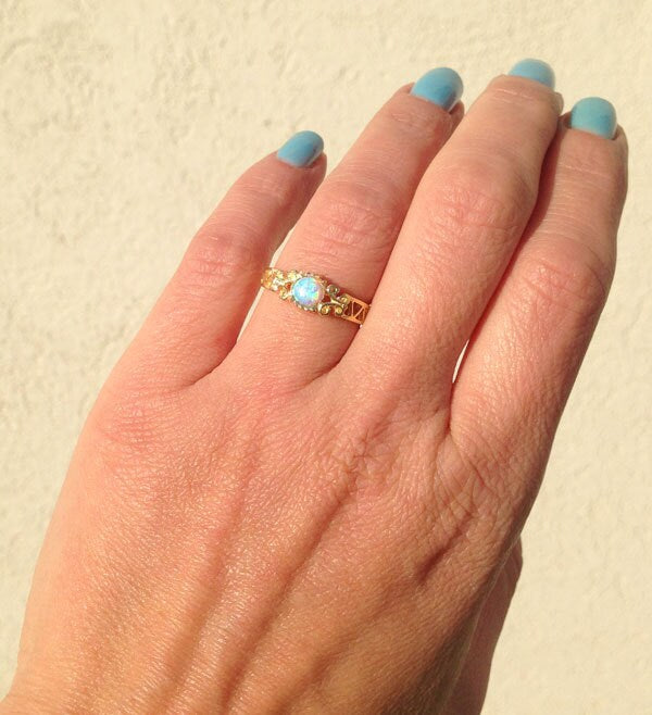 Blue Opal Ring - October Birthstone -  Lace Ring with Round Blue Opal Gemstone - H.L.Jewelry