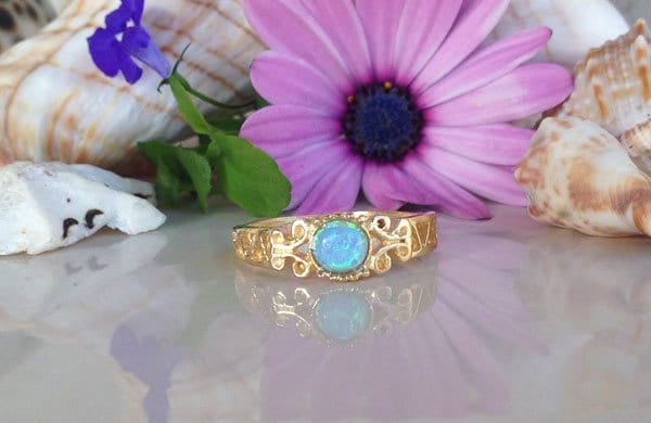 Blue Opal Ring - October Birthstone -  Lace Ring with Round Blue Opal Gemstone - H.L.Jewelry