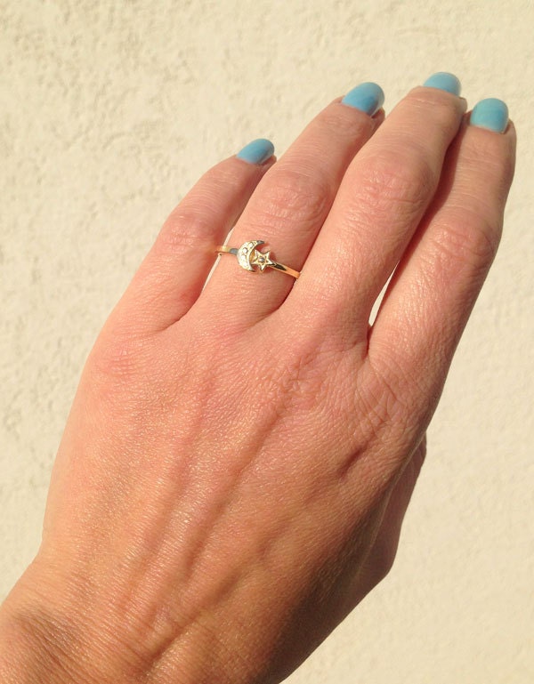 Moon & Star Ring - Crescent Moon Ring - Simple Delicate Moon & Star Ring - H.L.Jewelry