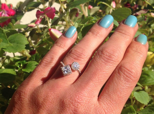 Clear Quartz Ring - April Birthstone - Hammered Band Ring with Square and Round Clear Quartz Gemstones - H.L.Jewelry