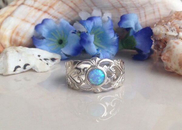 Blue Opal Ring - October Birthstone - Round Blue Opal Wide Filigree Ring - H.L.Jewelry