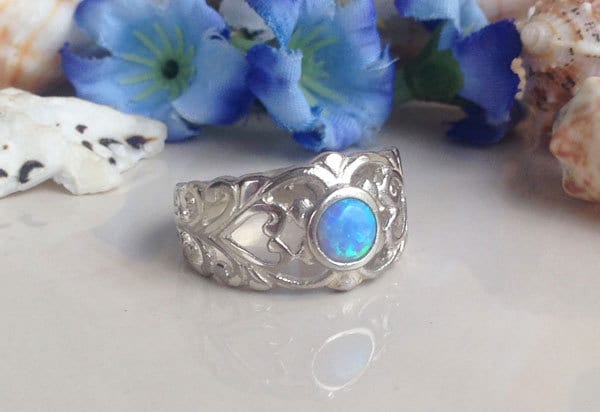 Blue Opal Ring - October Birthstone - Round Blue Opal Wide Filigree Ring - H.L.Jewelry