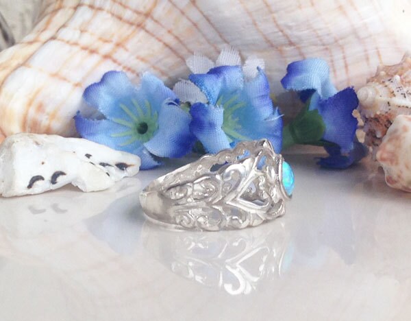 Blue Opal Ring - October Birthstone - Round Blue Opal Wide Filigree Ring - H.L.Jewelry