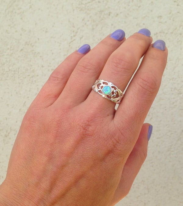 Blue Opal Ring - October Birthstone - Round Blue Opal Wide Filigree Ring - H.L.Jewelry