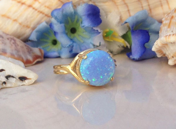 Blue Opal Ring - October Birthstone - Round Blue Opal Gemstone Statement Ring - H.L.Jewelry