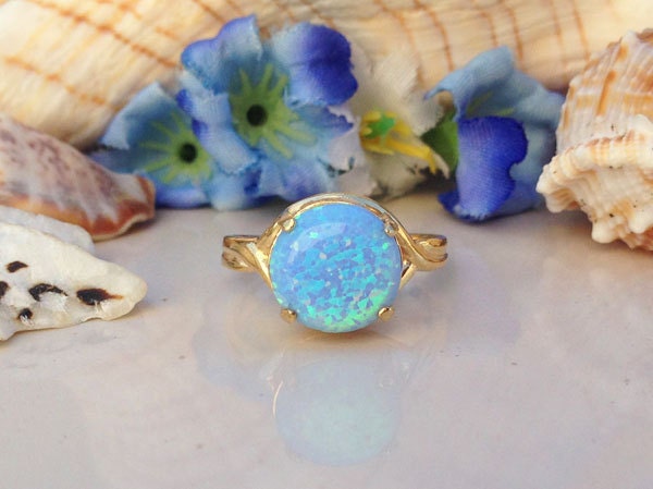 Blue Opal Ring - October Birthstone - Round Blue Opal Gemstone Statement Ring - H.L.Jewelry