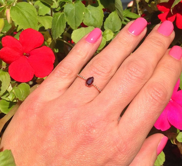 Red Garnet Ring - January Birthstone - Pear-Shaped Red Garnet Gemstone Delicate Simple Ring - H.L.Jewelry