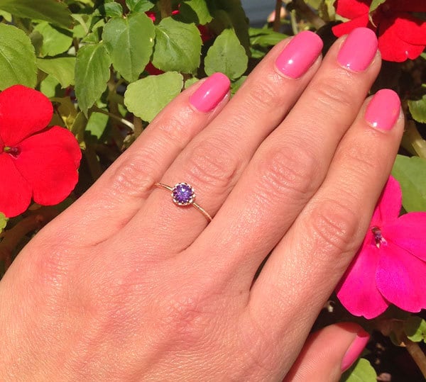 Amethyst Ring - February Birthstone - Delicate Hammered Ring with Round Amethyst Gemstone - H.L.Jewelry