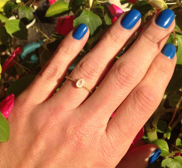 Rainbow Moonstone Ring - June Birthstone - Pear-Shaped Rainbow Moonstone Simple Delicate Ring - H.L.Jewelry