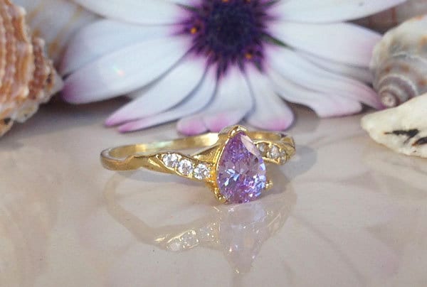 Lavender Amethyst Ring - Tiny Delicate Ring with Pear-Shaped Lavender Amethyst and Clear Quartz Accents - H.L.Jewelry