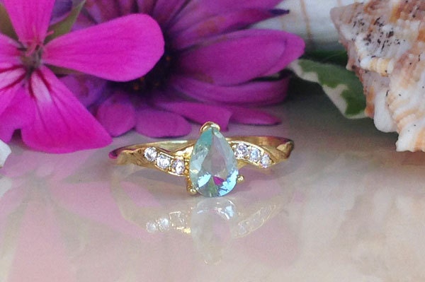 Aquamarine Ring - March Birthstone - Tiny Delicate Ring with Pear-Shaped Aquamarine and Clear Quartz Accents - H.L.Jewelry