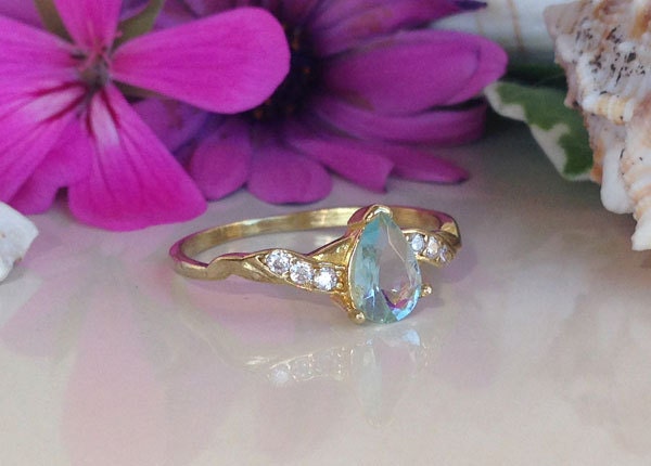 Aquamarine Ring - March Birthstone - Tiny Delicate Ring with Pear-Shaped Aquamarine and Clear Quartz Accents - H.L.Jewelry