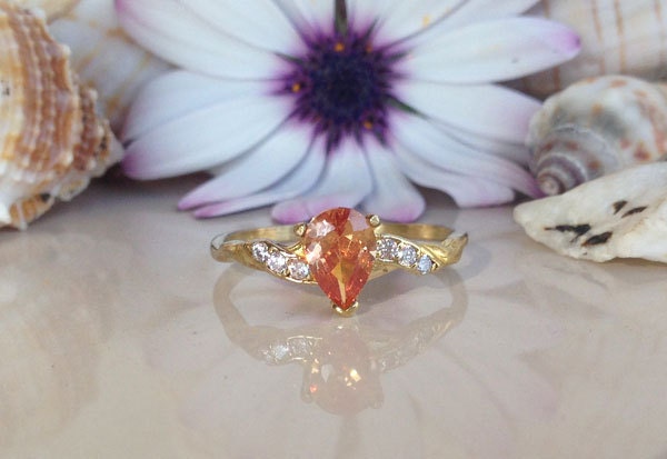 Citrine Ring - November Birthstone - Delicate Ring with Pear-Shaped Citrine Gemstone and Clear Quartz Accents - H.L.Jewelry