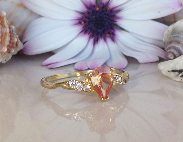 Citrine Ring - November Birthstone - Delicate Ring with Pear-Shaped Citrine Gemstone and Clear Quartz Accents - H.L.Jewelry