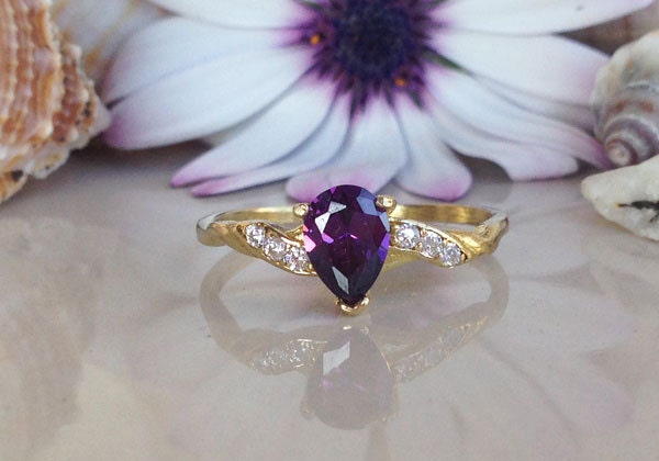 Amethyst Ring - February Birthstone - Tiny Delicate Ring with Pear-Shaped Purple Amethyst and Clear Quartz Accents - H.L.Jewelry