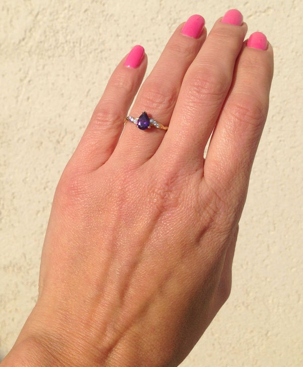 Amethyst Ring - February Birthstone - Tiny Delicate Ring with Pear-Shaped Purple Amethyst and Clear Quartz Accents - H.L.Jewelry