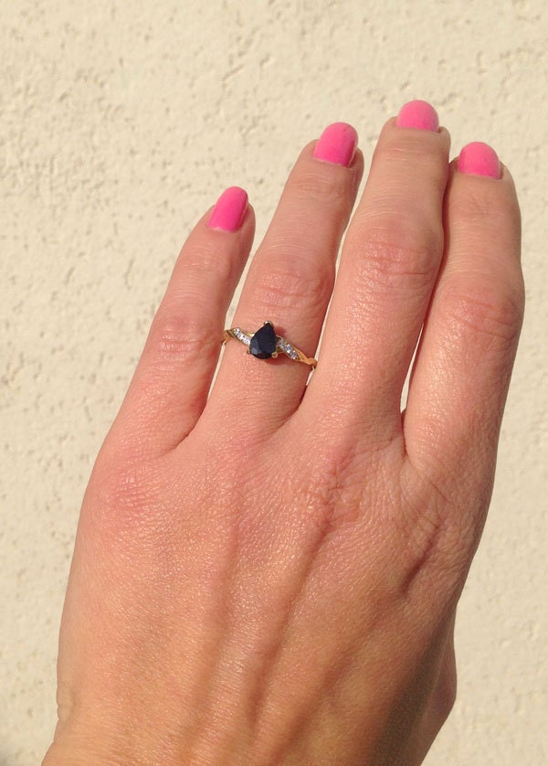 Black Onyx Ring - December Birthstone - Delicate Ring with Pear Shape Black Onyx Center Gemstone and Clear Quartz Accents - H.L.Jewelry