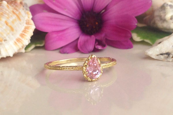 Rose Quartz Ring - October Birthstone - Tiny Ring - Gold Ring - Teardrop Ring - H.L.Jewelry