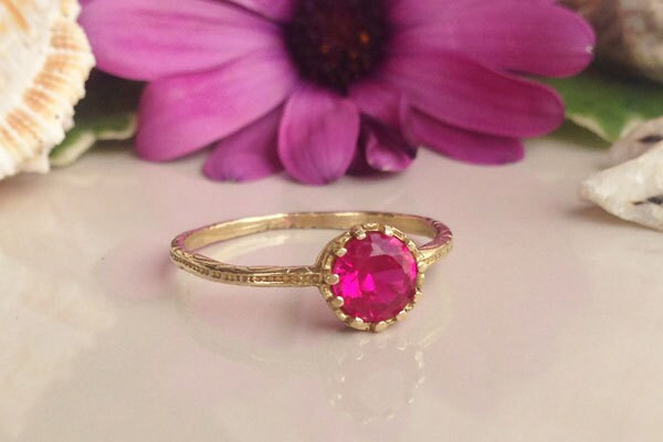 Ruby Ring - Gold Ring - Stack Ring - Fuchsia Ring - Tiny Ring - July Birthstone - Bezel Ring - Simple Ring - H.L.Jewelry