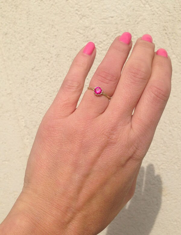 Ruby Ring - Gold Ring - Stack Ring - Fuchsia Ring - Tiny Ring - July Birthstone - Bezel Ring - Simple Ring - H.L.Jewelry