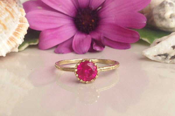 Ruby Ring - Gold Ring - Stack Ring - Fuchsia Ring - Tiny Ring - July Birthstone - Bezel Ring - Simple Ring - H.L.Jewelry