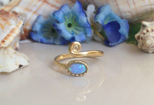 Blue Opal Ring - October Birthstone - Simple Adjustable Ring with Oval Blue Opal Gemstone - H.L.Jewelry