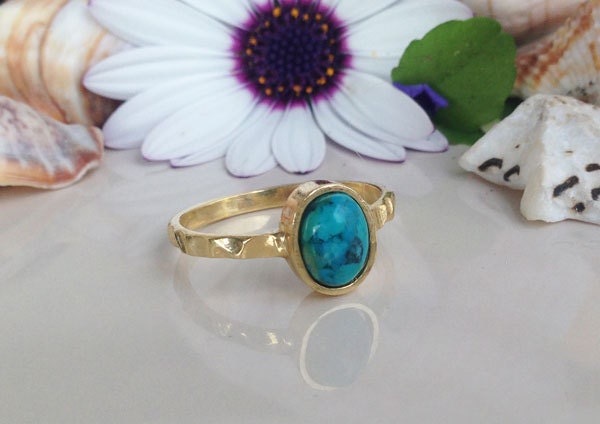 Turquoise Ring - Gold Ring - Gemstone Ring - Hammered Ring - Turquoise Jewelry - Simple Ring - December Birthstone - H.L.Jewelry