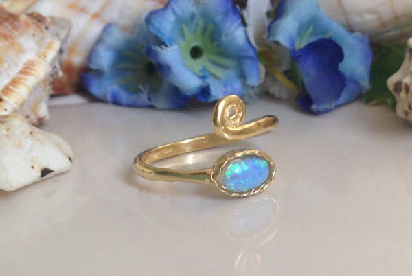 Blue Opal Ring - October Birthstone - Simple Adjustable Ring with Oval Blue Opal Gemstone - H.L.Jewelry