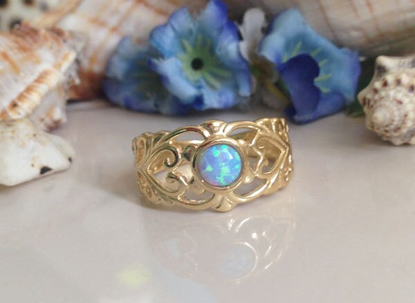 Blue Opal Ring - October Birthstone - Round Blue Opal Wide Filigree Ring - H.L.Jewelry