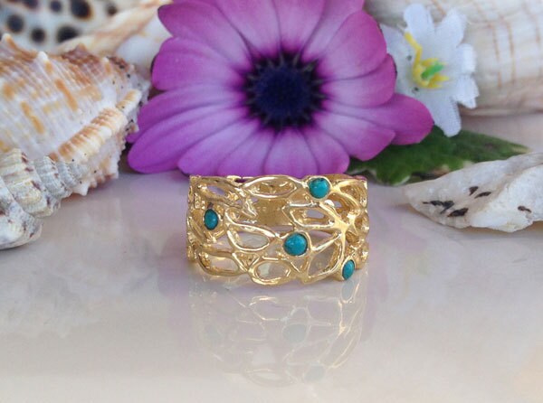 Green Turquoise Ring - Desember Birthstone - Lace Wide Band Ring with 4 Small Green Turquoise Gemstones - H.L.Jewelry