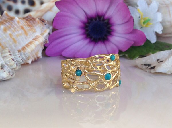 Green Turquoise Ring - Desember Birthstone - Lace Wide Band Ring with 4 Small Green Turquoise Gemstones - H.L.Jewelry