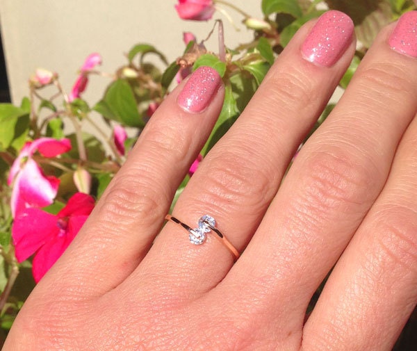 Clear Quartz Ring - April Birthstone - Two Round Clear Quartz Stones Delicate Adjustable Ring - H.L.Jewelry