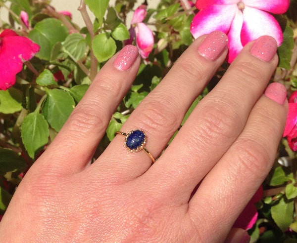 Blue Lapis Ring - Delicate Hammered Oval Crown Ring with Lapis Lazuli Gemstone - H.L.Jewelry