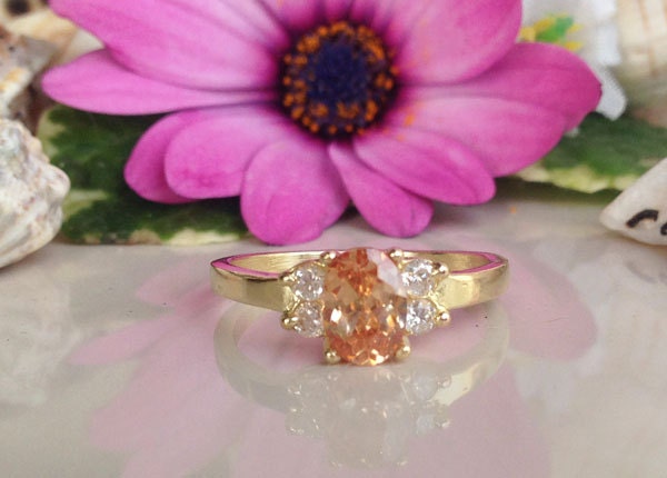 Citrine ring - November Birthstone - Tiny Delicate Ring with Oval Citrine and Clear Quartz Accents - H.L.Jewelry