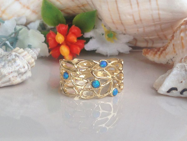 Blue Opal Ring - October Birthstone - Wide Lace Band Ring with 4 Small Blue Opals - H.L.Jewelry